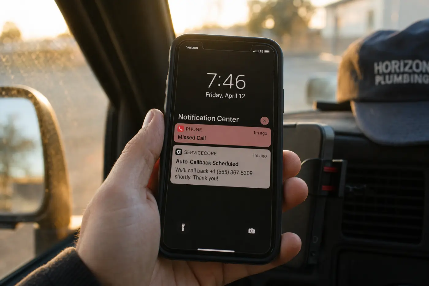 Sydney service business owner on a job, phone showing a missed call notification