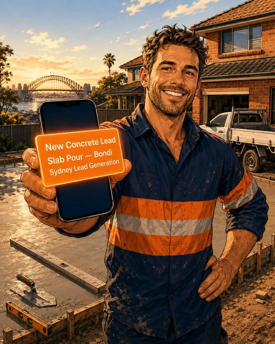 Cartoon Sydney concreter in hi-vis on a Bondi slab pour, holding a phone showing a new concrete lead notification from Sydney Lead Generation, Harbour Bridge in the background