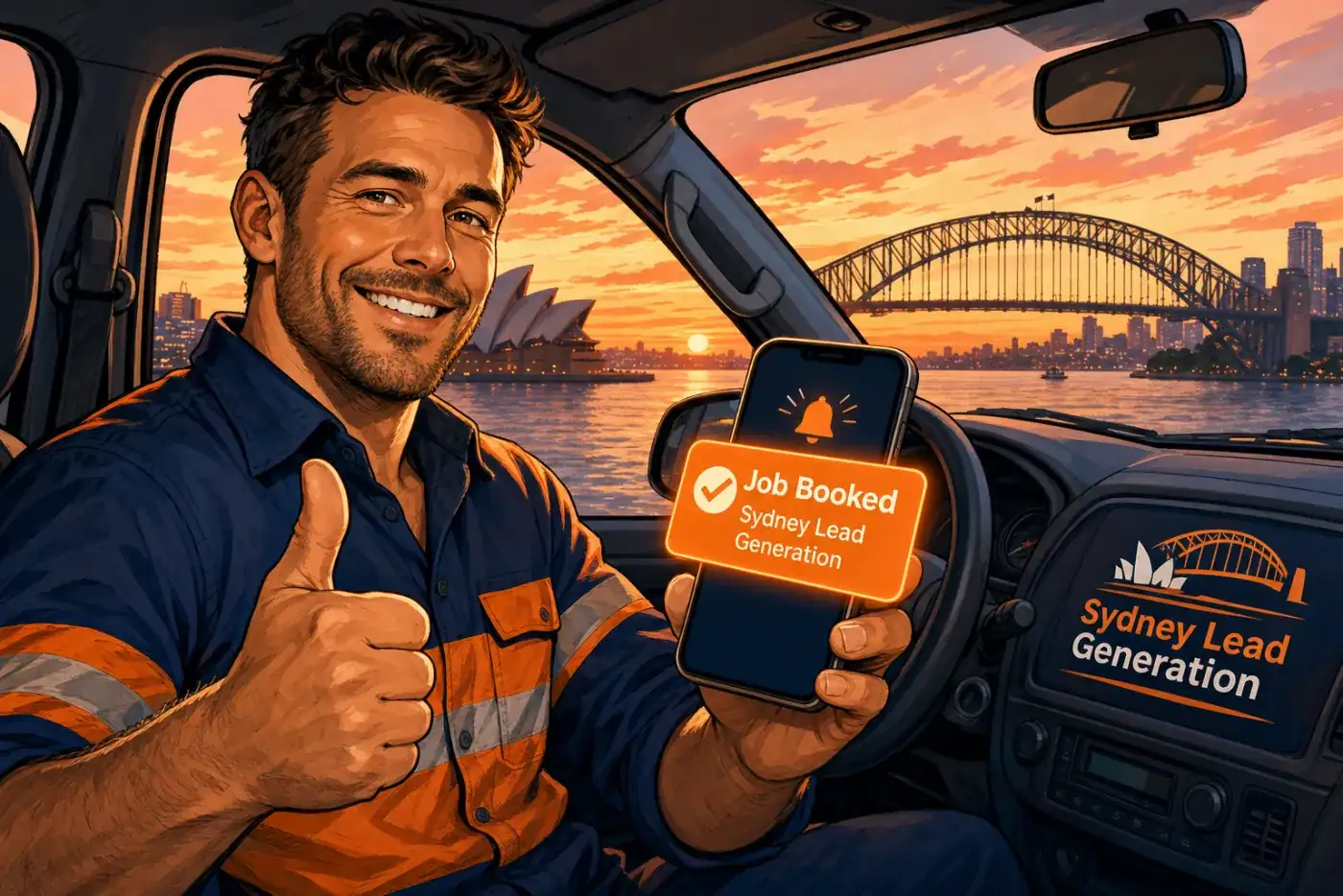Cartoon Sydney tradie giving a thumbs up from his ute, phone showing a Job Booked notification from Sydney Lead Generation, Harbour Bridge in the background