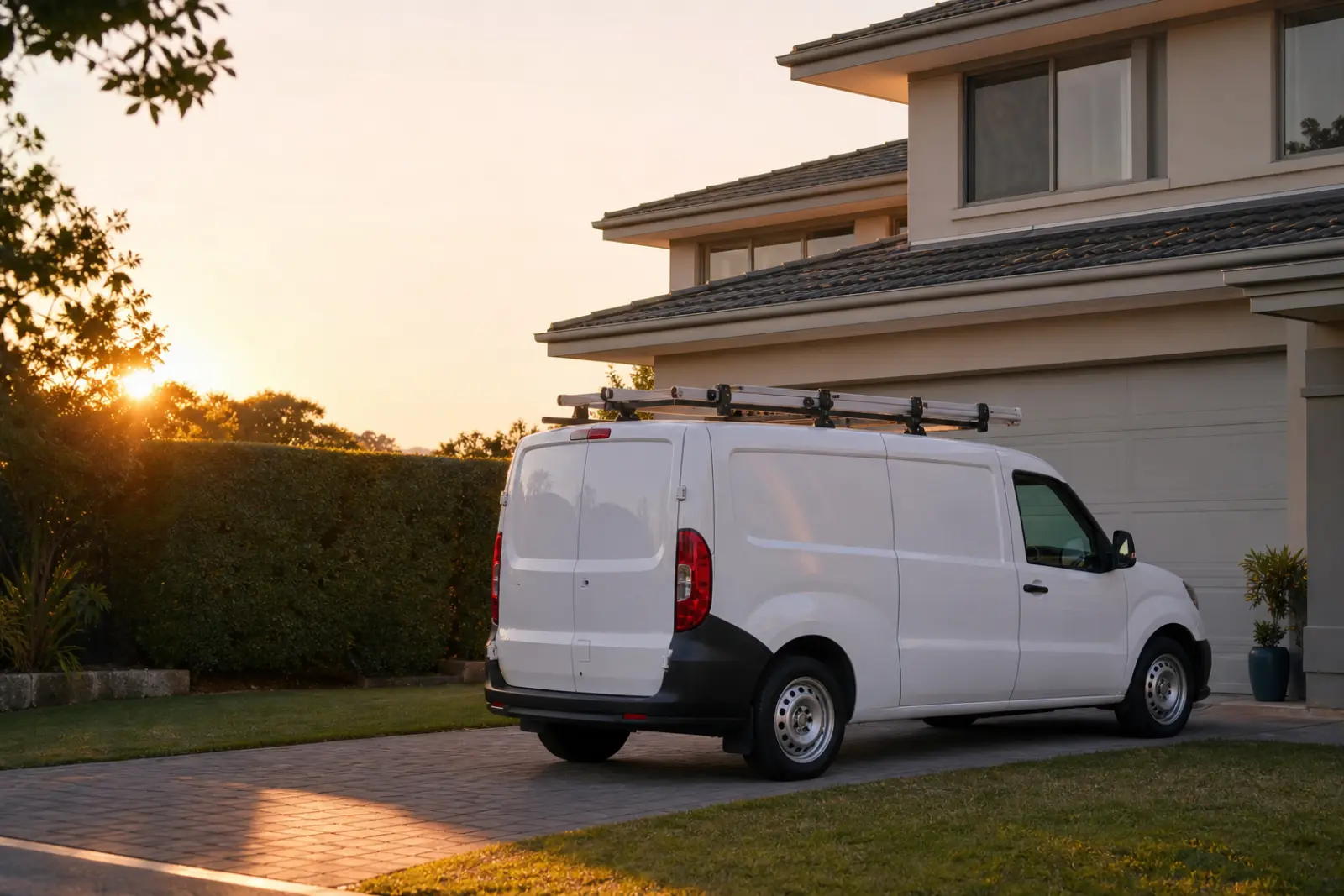 Single white tradie van parked outside a Sydney suburban home at golden hour