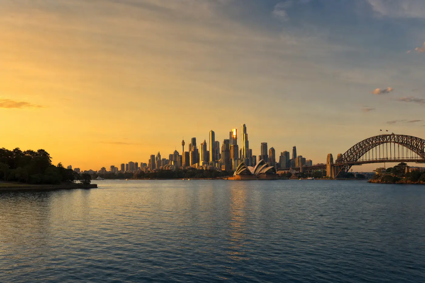 Sydney CBD skyline at sunset with the Opera House and Harbour Bridge across the harbour