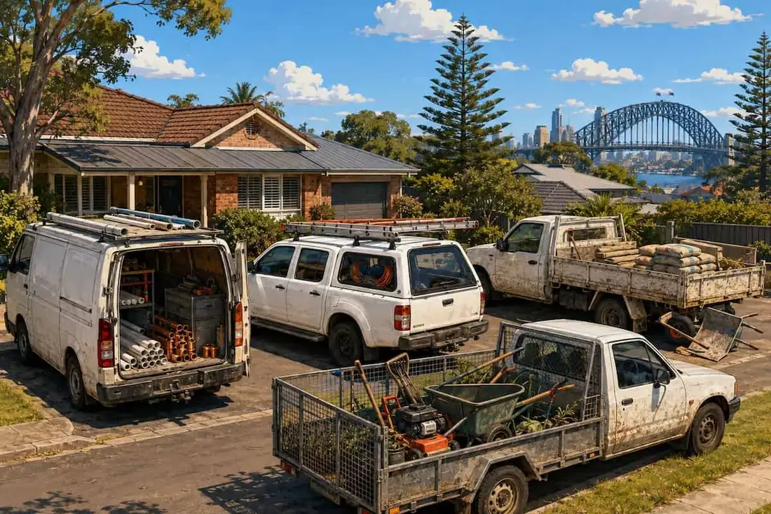 Sydney service-business work vehicles parked at a suburban property — a plumber's van loaded with copper pipes, a 4WD ute with a ladder rack, a tipper truck stacked with concrete bags, and a trailer carrying a mower and wheelbarrow — Sydney Harbour Bridge visible in the background