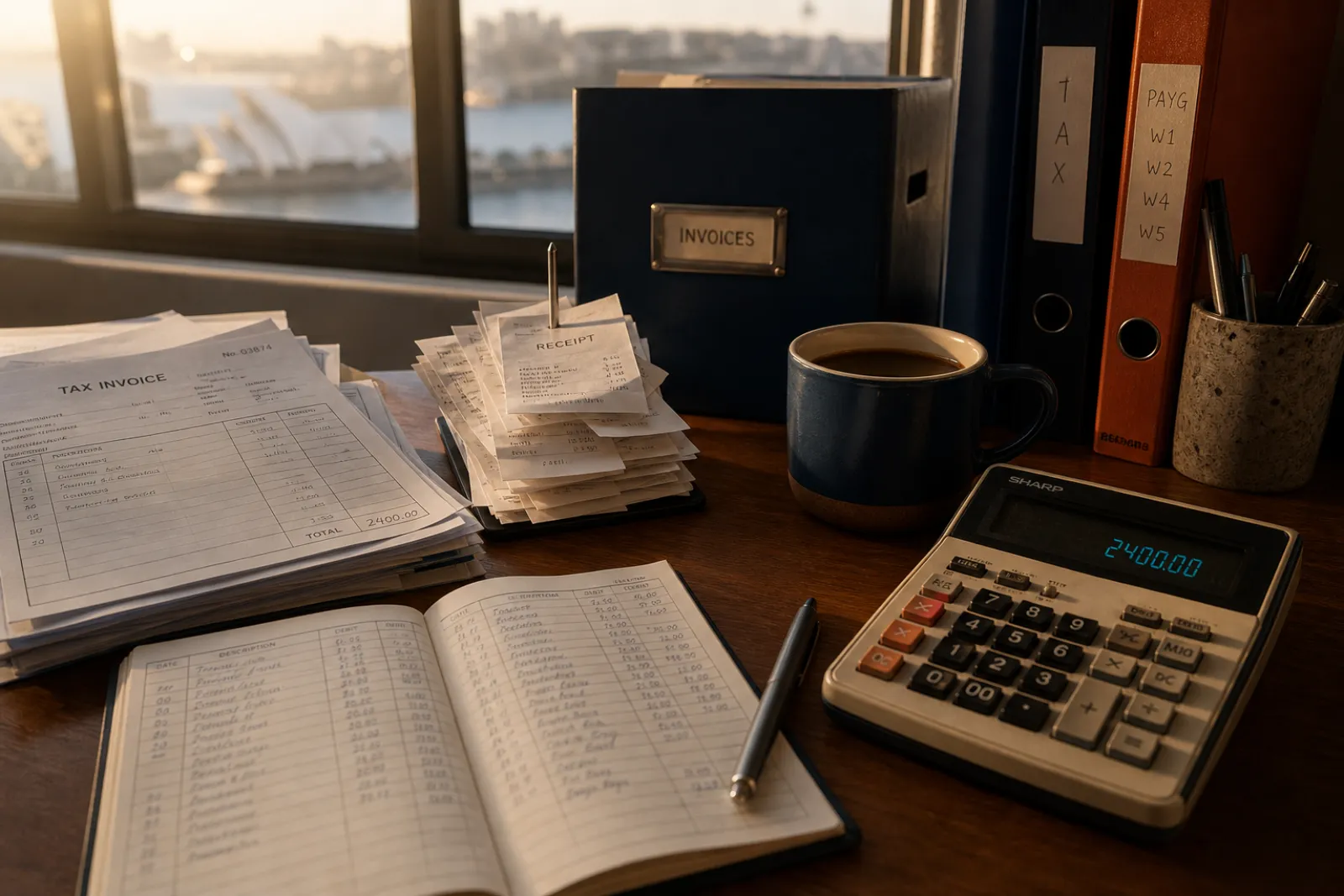 Wooden desk piled with paper invoices, an open ledger, and a vintage calculator